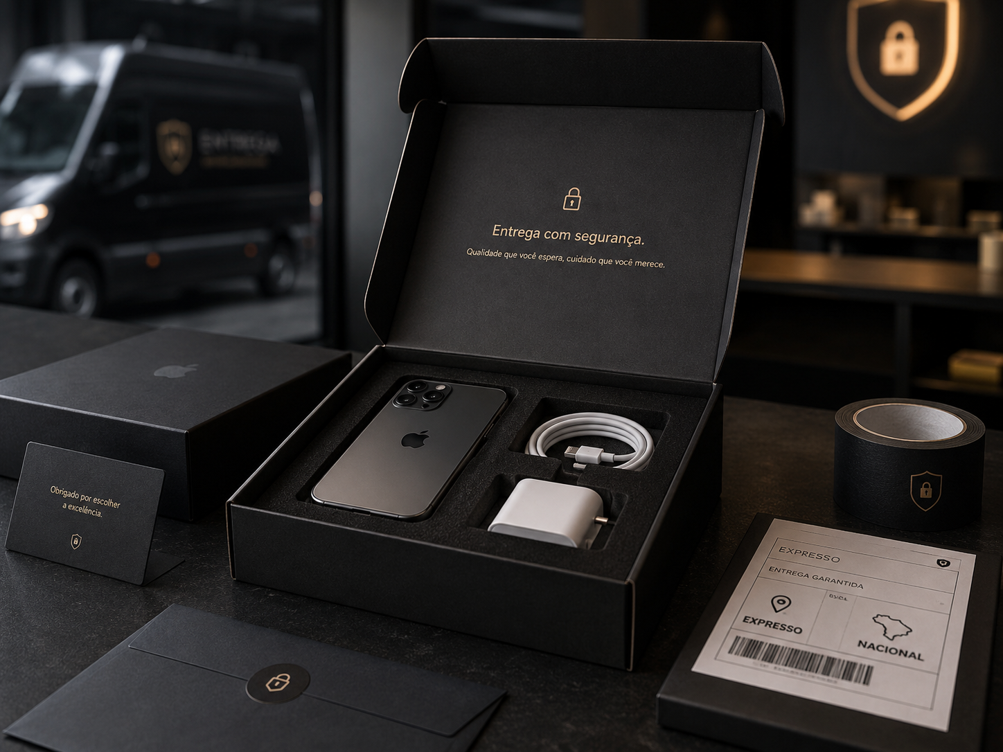 iPhone embalado em caixa premium pronto para entrega segura
